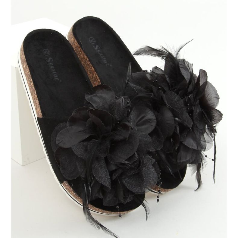 Papuci de plută negri cu flori CK113P Negru 1