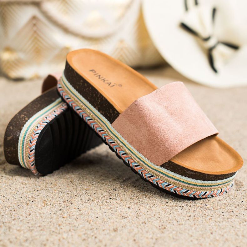 SHELOVET Papuci confortabili din piele intoarsa roz 1