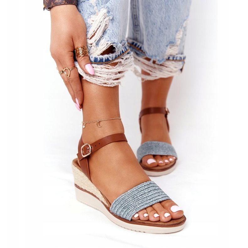 EVE Sandale pe toc de pană Albastru împletit Tenerife maro 2