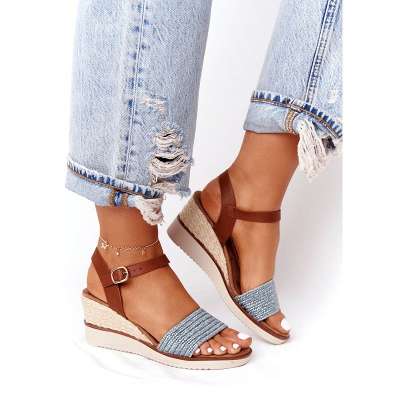 EVE Sandale pe toc de pană Albastru împletit Tenerife maro 3