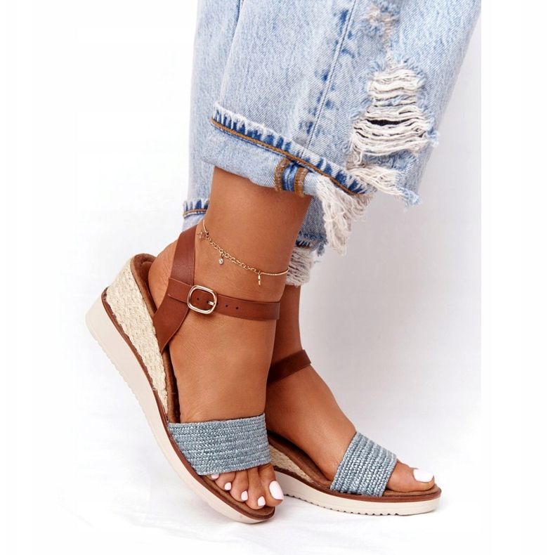 EVE Sandale pe toc de pană Albastru împletit Tenerife maro 4