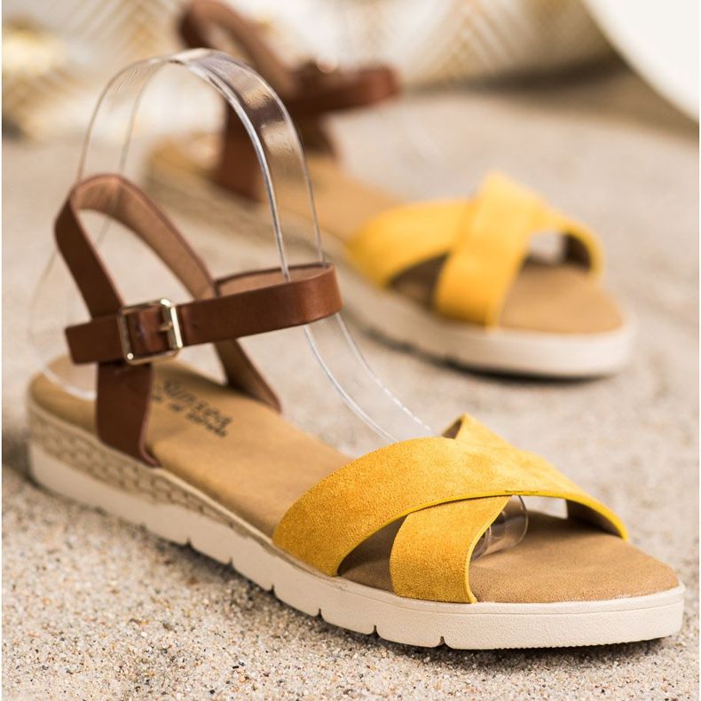 SHELOVET Sandale casual cu cataramă maro galben 1