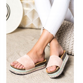 SHELOVET Papuci confortabili din piele intoarsa roz 2