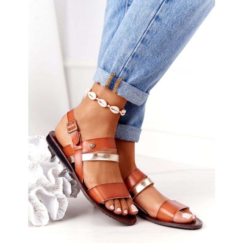 Sandale plate pentru femei, maro și auriu Doris de aur 2