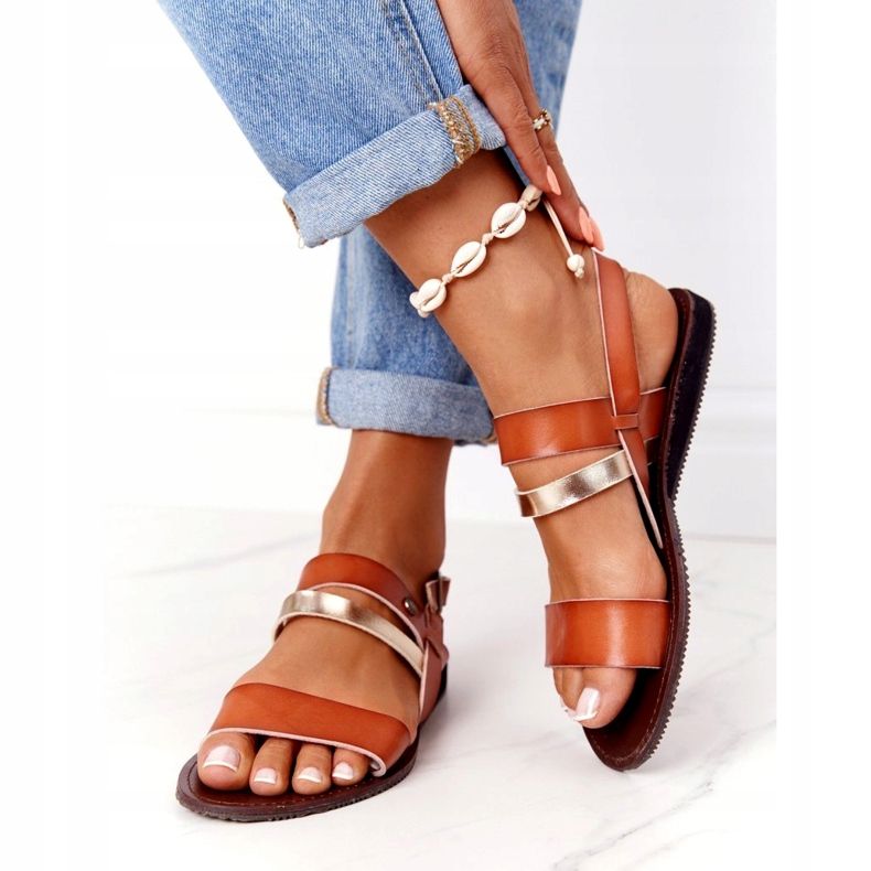 Sandale plate pentru femei, maro și auriu Doris de aur 3