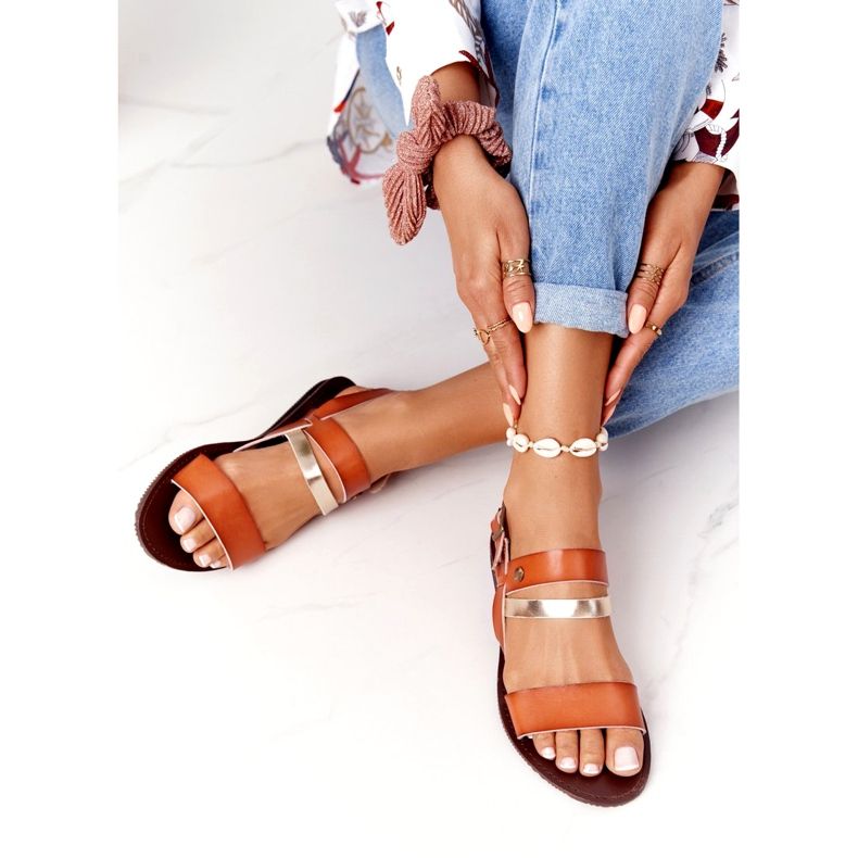 Sandale plate pentru femei, maro și auriu Doris de aur 5