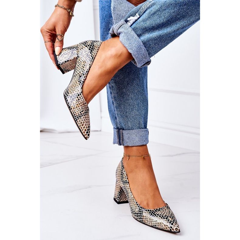 Pompe din piele cu model animal Pantofi Lewski 2801 Negru-Bej 2