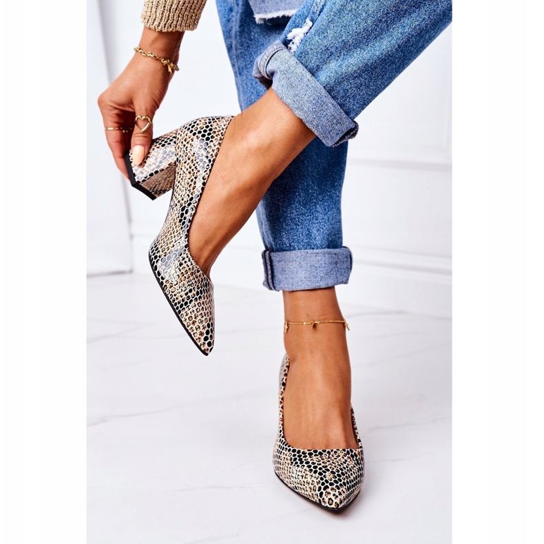 Pompe din piele cu model animal Pantofi Lewski 2801 Negru-Bej 1