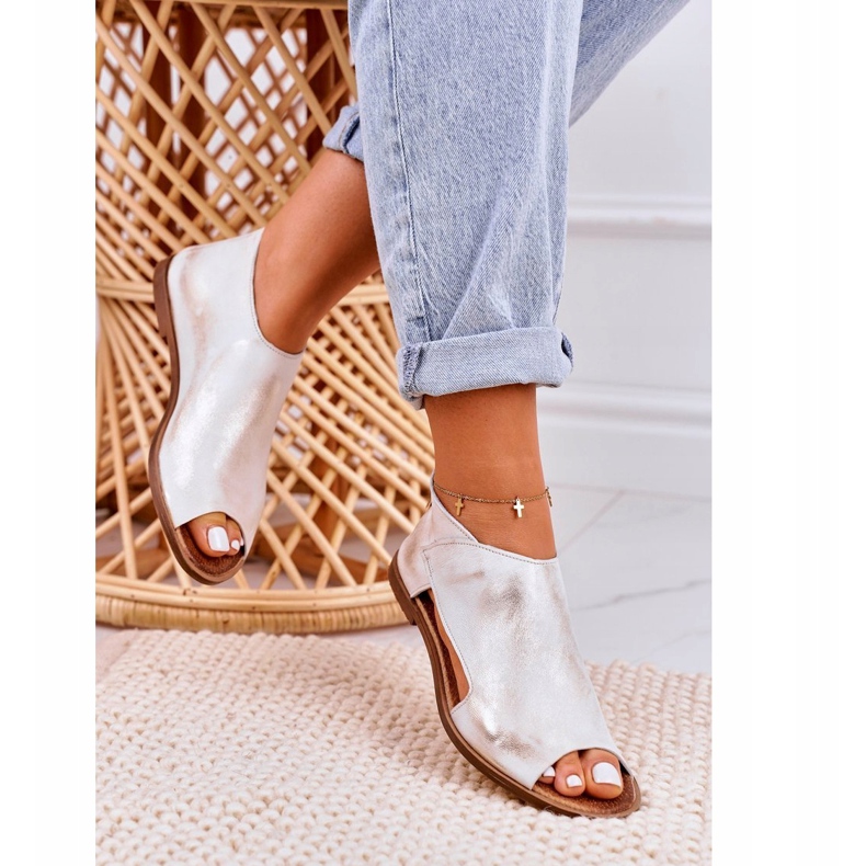 Nicole Sandale plate din piele pentru femei Alb Natalie de aur 4