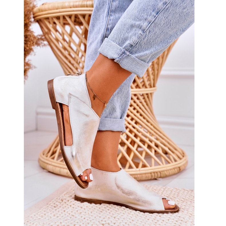 Nicole Sandale plate din piele pentru femei Alb Natalie de aur 5