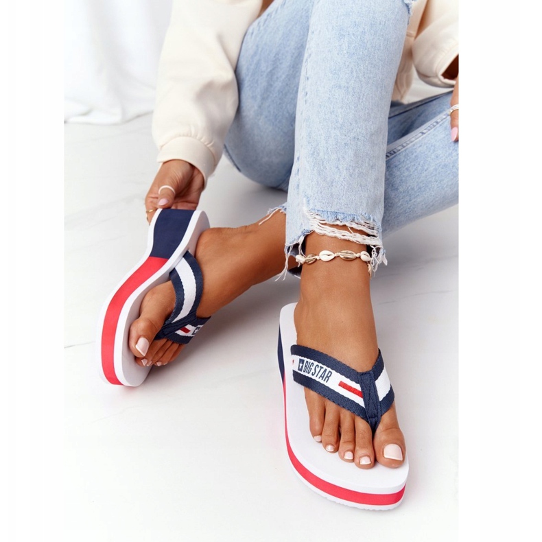 Flip-flops de dama pe pană Big Star HH274A093 Alb albastru marin 3