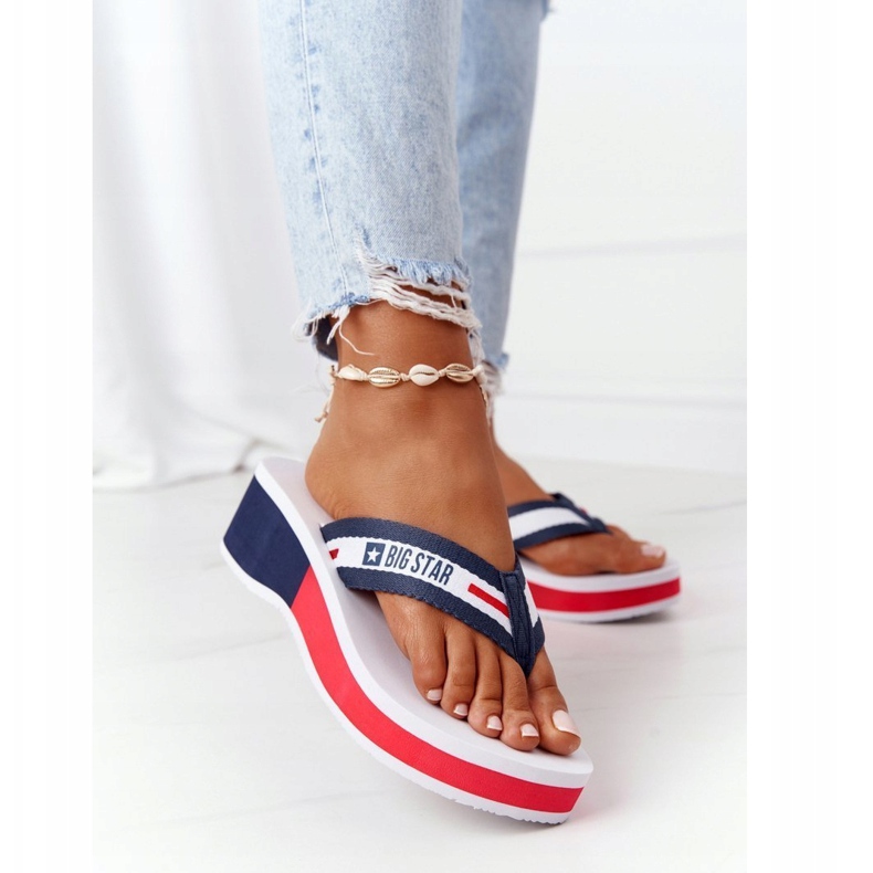 Flip-flops de dama pe pană Big Star HH274A093 Alb albastru marin 1