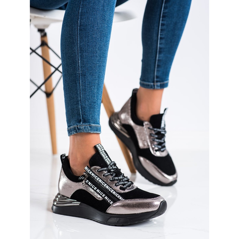 Tenisi VINCEZA cu fermoar negru de aur 2