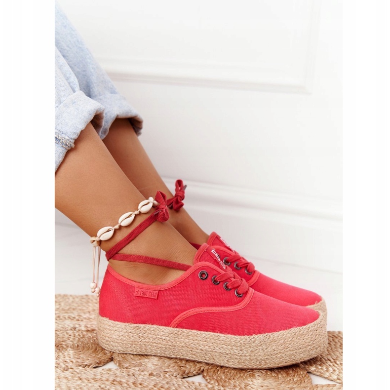 Espadrile cu dantelă pe o platformă împletită Big Star FF274141 Roșu roşu 4