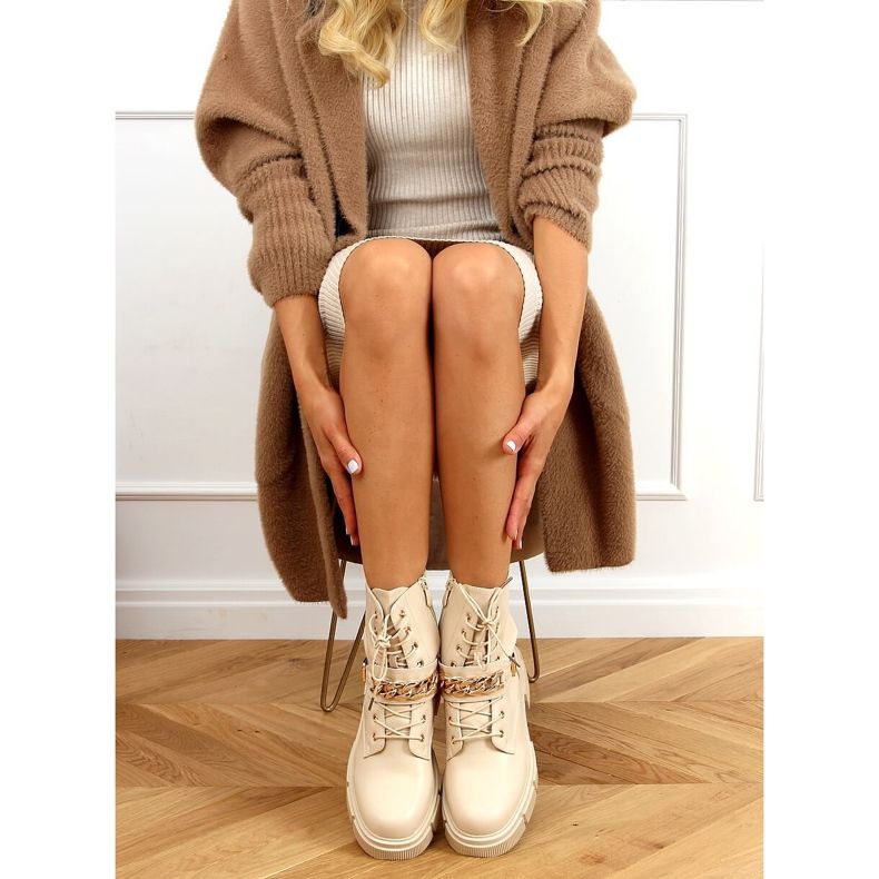 Cizme bej militare cu lanț HB-106 PU / BEIGE 1