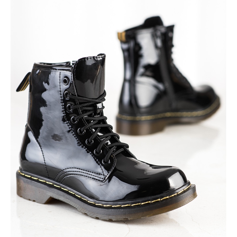 Queentina Ghete de drumeție lăcuite la modă negru 1