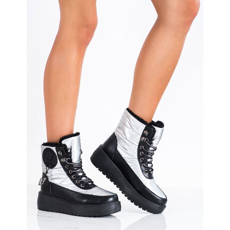 SHELOVET Cizme de zăpadă argintii pe platformă alb negru 1