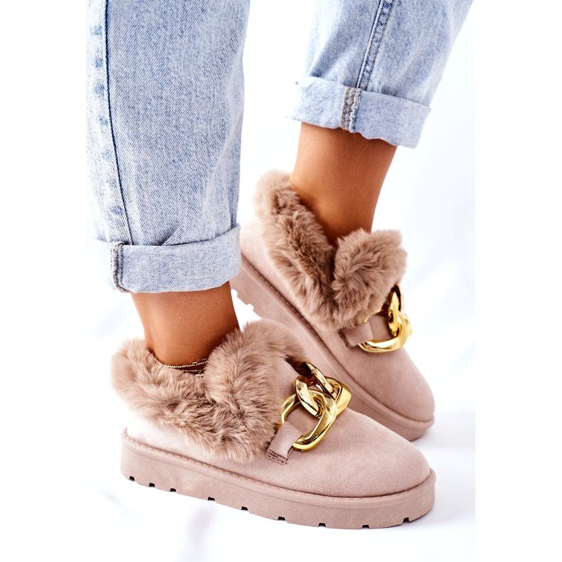 PB1 Papuci cu lanț auriu pentru femei Ardrums bej 2