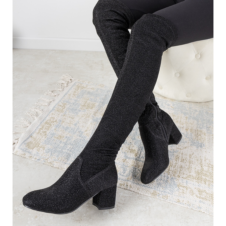 Cizme negre strălucitoare peste genunchiul lui Uta negru argint 1