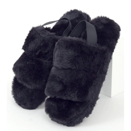 Papuci de blană pentru femei negri N-92 Negru 1