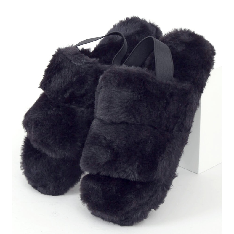 Papuci de blană pentru femei negri N-92 Negru 1