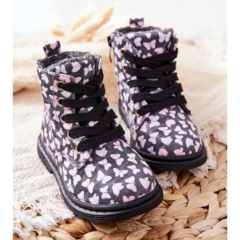 PE1 Cizme din piele încălzite cu lână gri cu fluturi Amy 1