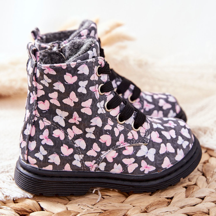 PE1 Cizme din piele încălzite cu lână gri cu fluturi Amy 2