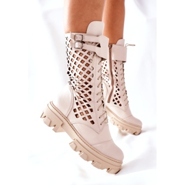 PA2 Cizme de piele ajurată pentru femei Trappers Beige Hootie bej 5