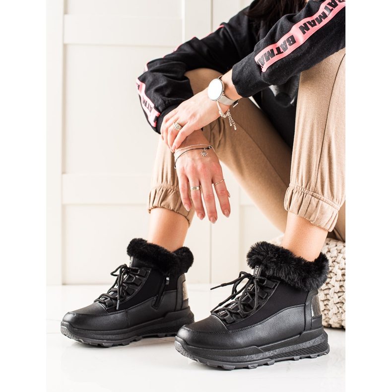 TRENDI Cizme de zăpadă negre cu blană negru 1