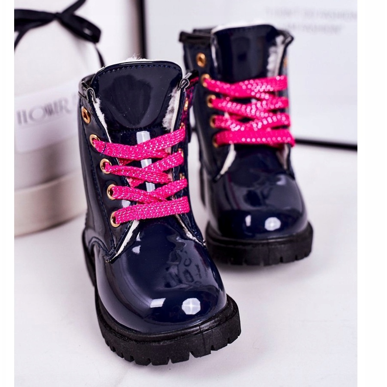 Cizme pentru copii încălzite cu blană, Pinkie lăcuit maro albastru marin 3