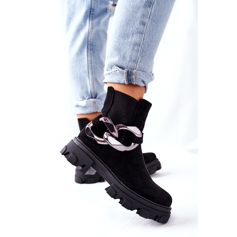 S.Barski Cizme izolate pentru femei, cizme Chelsea negre cu un ornament negru 2