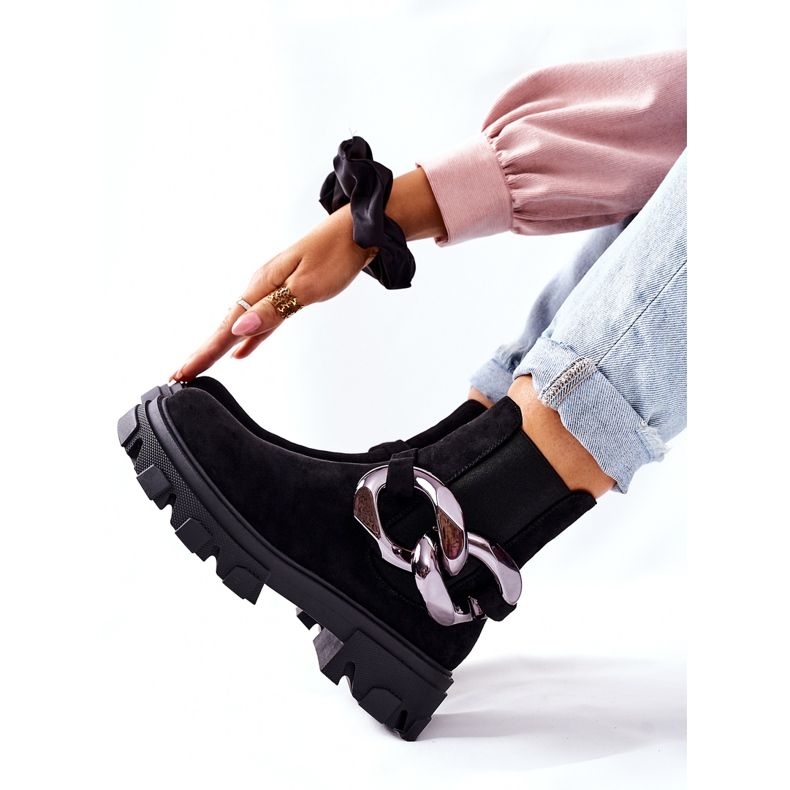 S.Barski Cizme izolate pentru femei, cizme Chelsea negre cu un ornament negru 4