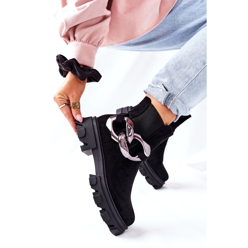 S.Barski Cizme izolate pentru femei, cizme Chelsea negre cu un ornament negru 3