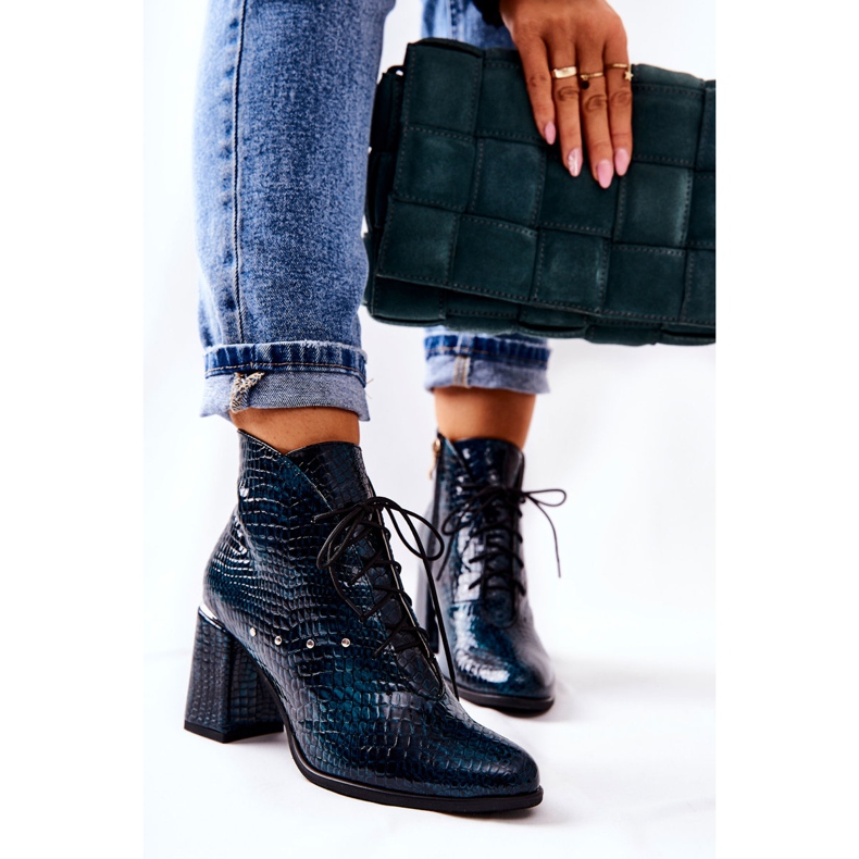 PA2 Cizme de damă din piele cu toc verde Neliko 2