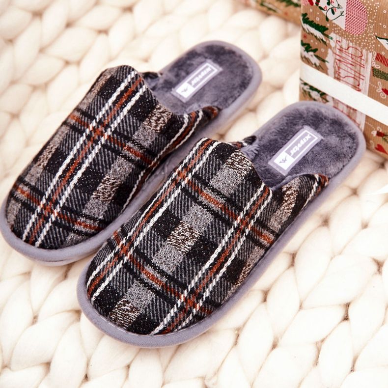 WJ1 Papuci pentru bărbați, gri și cald, în carouri, Whisper maro 2
