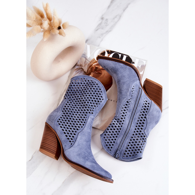 FB1 Cizme de cowboy ajurate pe un post albastru Caroline 1