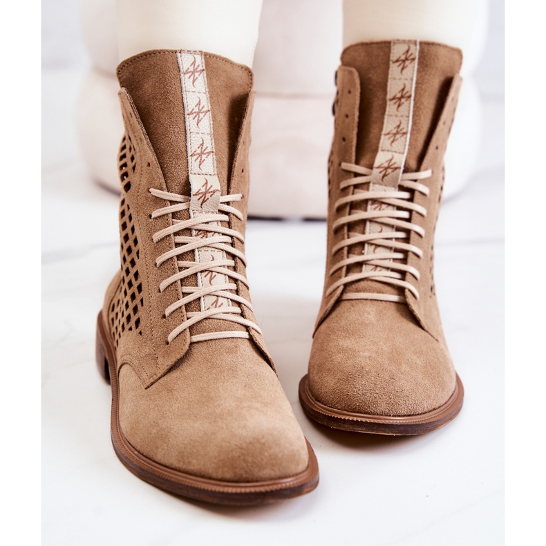 Botine din piele ajurata legate Nicole Camel 2696 maro 1