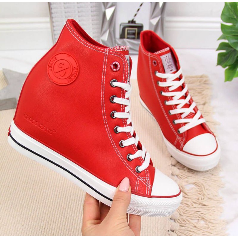 Adidași pe pană Cross Jeans W II2R4026C roșu alb 1