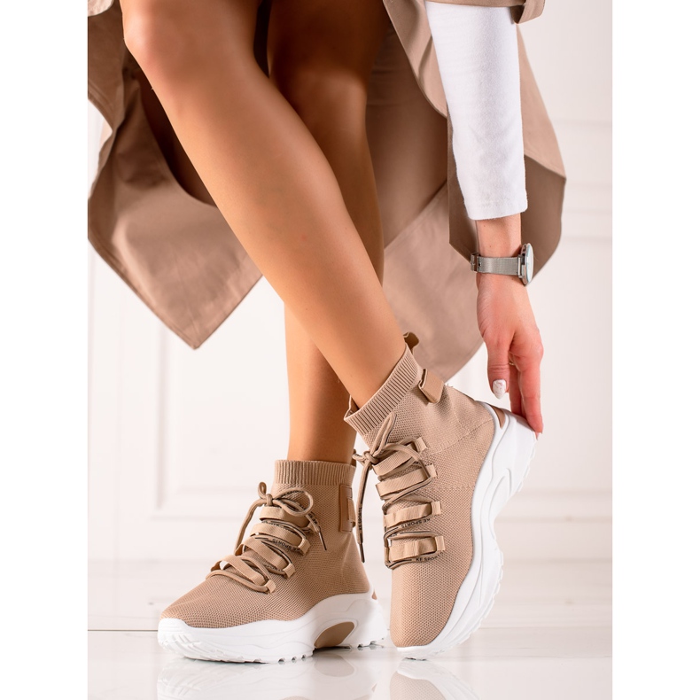 TRENDI Tenisi slip-on cu șosetă bej maro 2