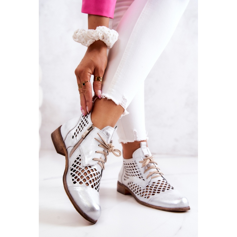 Cizme din piele ajurata Nicole 2704/005 alb si argintiu 2