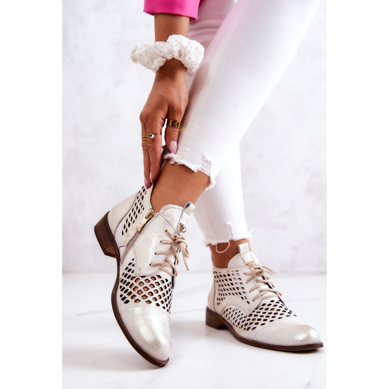 Cizme din piele ajurata Nicole 2704/004 alb si auriu 2