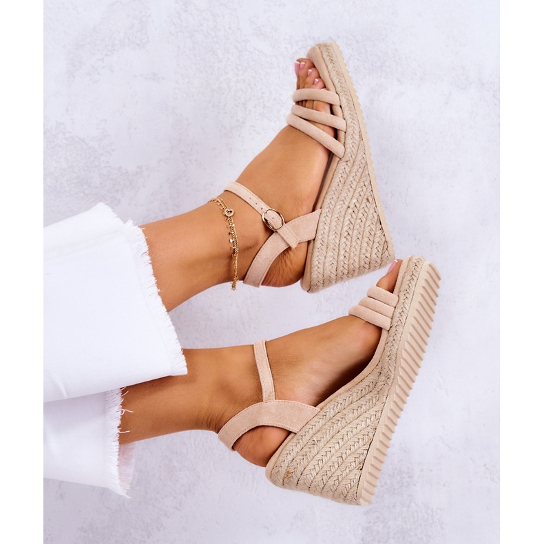 FJ1 Sandale cu pană din piele intoarsa bej Louisiana 2