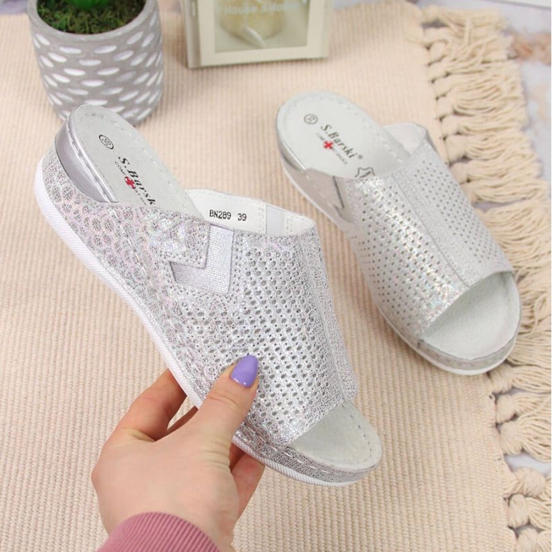 Papuci de piele pe pană S. Barski W OLI163A argintiu 1