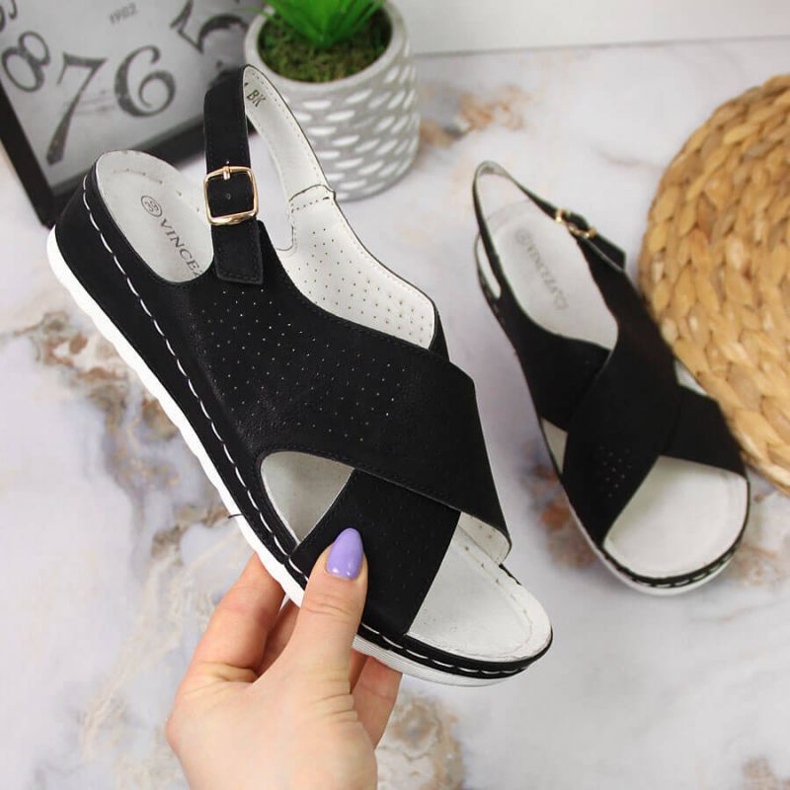 Sandale cu pană negre Vinceza W JAN106A negru 1