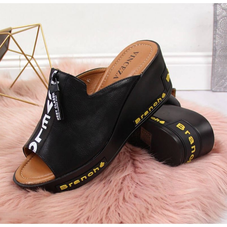 Papuci negri cu pană cu inscripții Vinceza W JAN109 negru 2