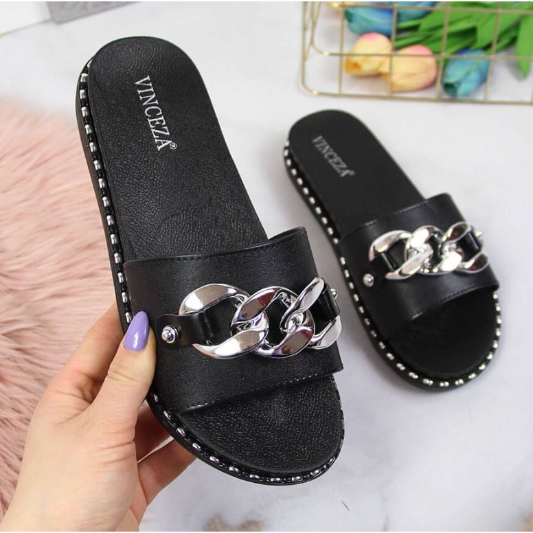 Papuci negri Vinceza W JAN111A cu lant negru 1