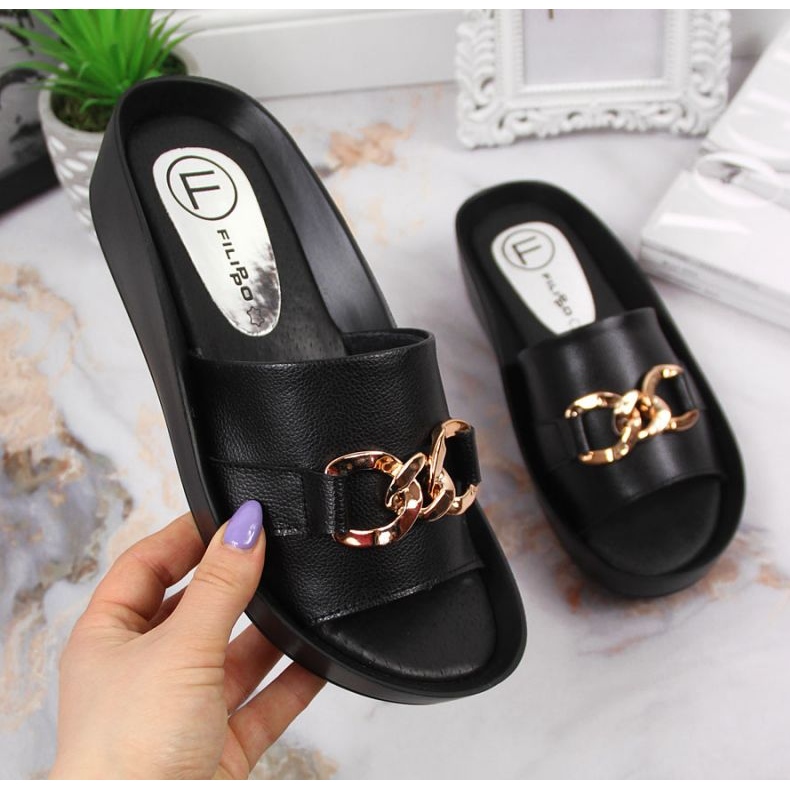 Papuci de piele cu lant Filippo W PAW345A negru 1