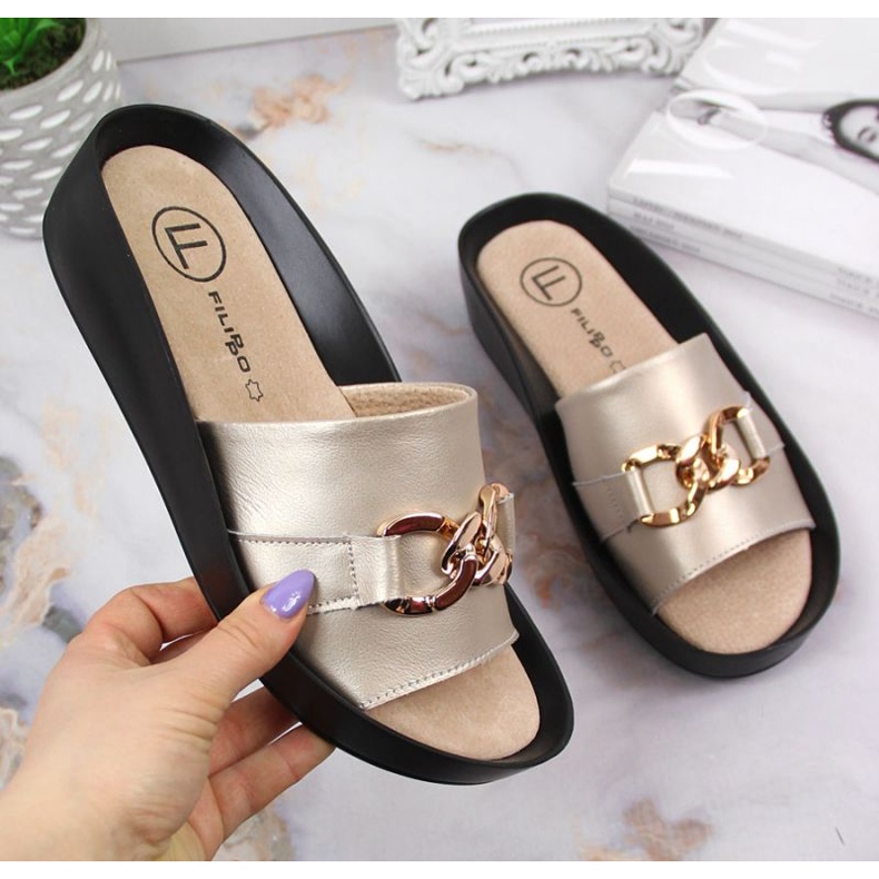 Papuci de piele cu lant Filippo W PAW345B aurii de aur 1