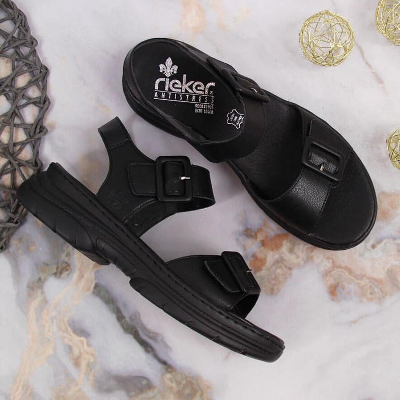 Sandale din piele pe platforma Rieker W RKR513 neagră negru 2