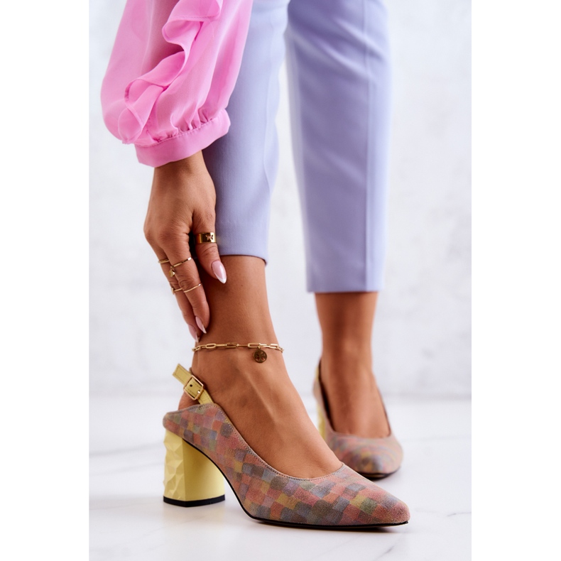 Pompe din piele intoarsa pe un post Maciejka 05427-39 Multicolor galben 1
